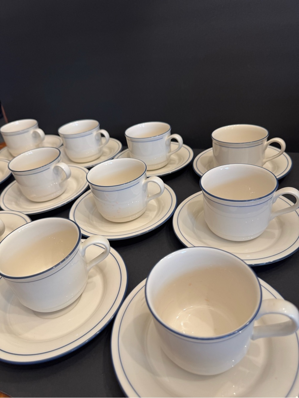 Lot of 4 LENOX Chinastone Blue Pinstripes Flat Cups & Saucer SETS Discontinued